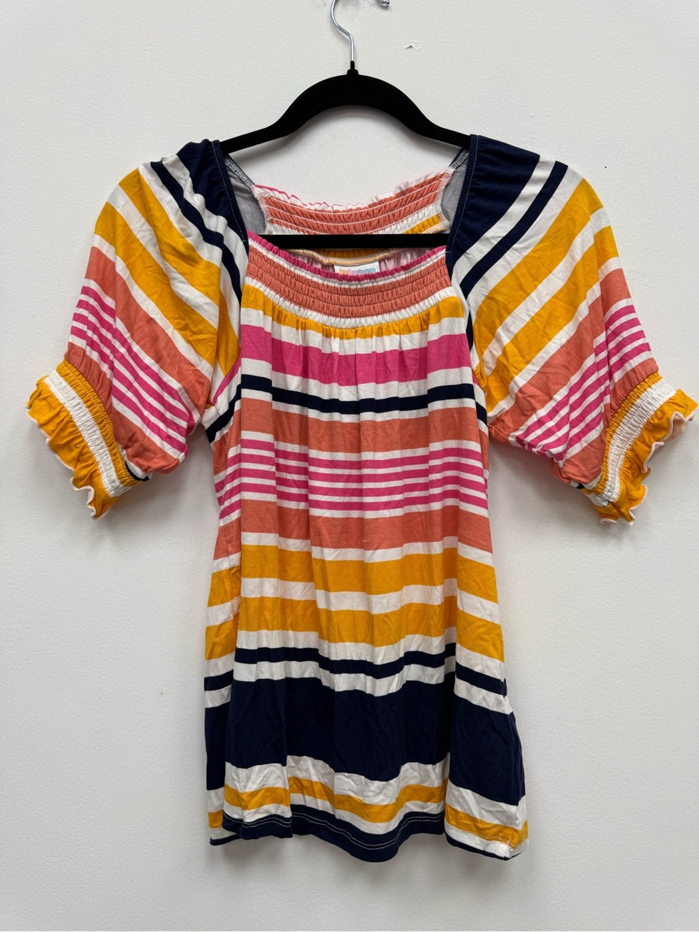 LuLaRoe Striped Puff Sleeve Tunic in Pink, Mustard & Navy